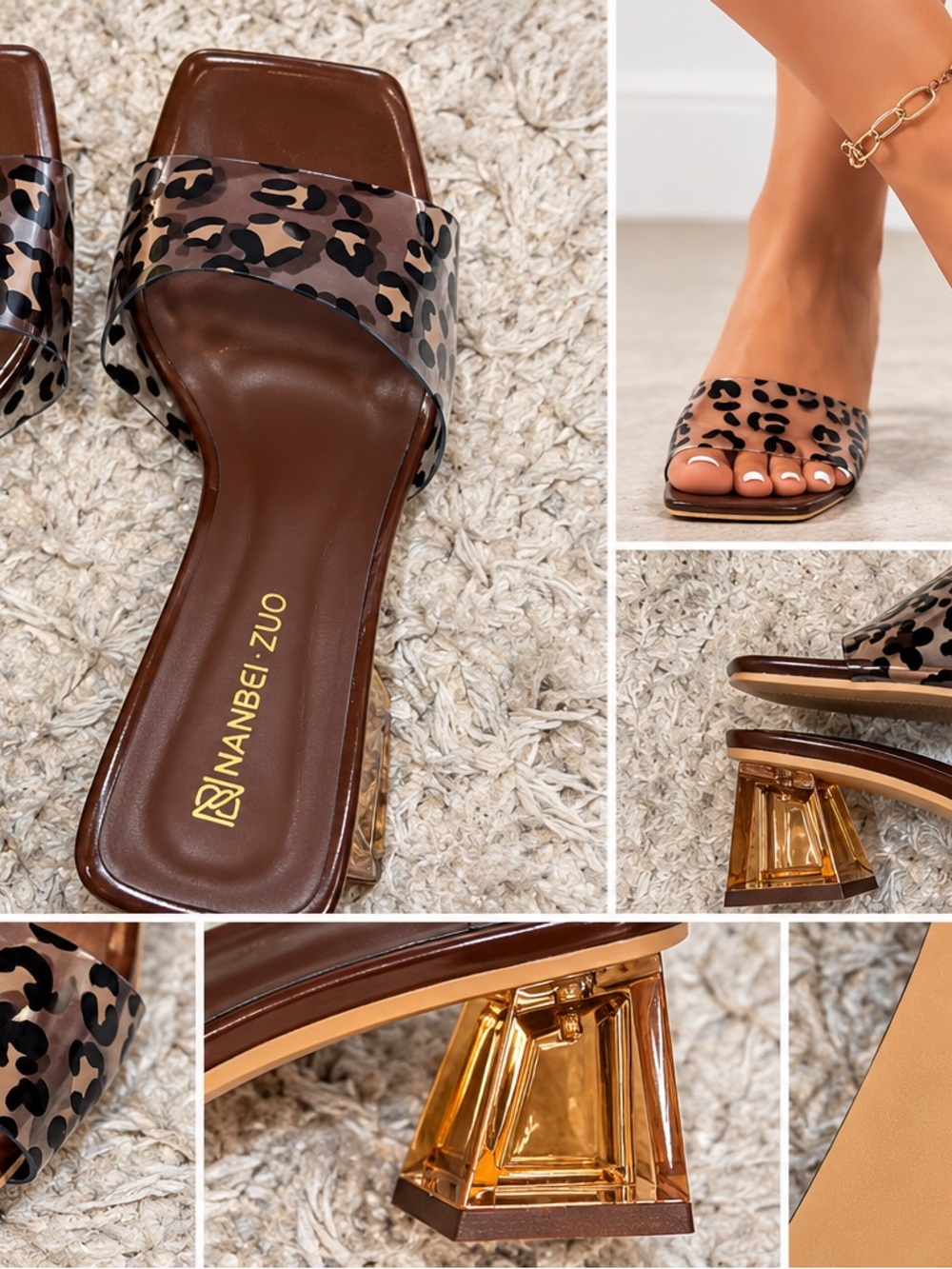 Leopard Print Clear Strap Block Heel Sandals - Brown